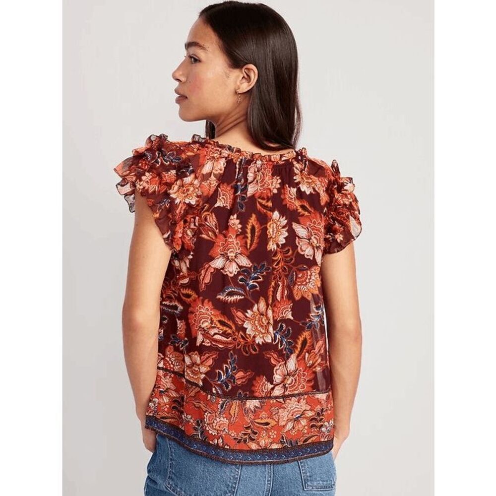 Old Navy Red Orange‎ Boho Paisley Floral Ruffle Sleeve Blouse Medium - Picture 8 of 8